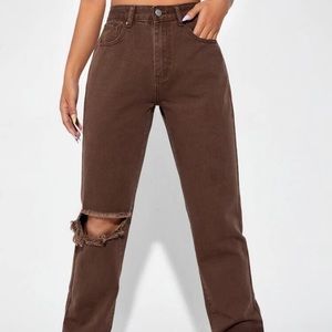 Shein High Waist Slant Pocket Ripped Straight Jeans